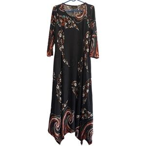 Reborn Maxi Dress Womens M Grey Floral Handkerchief Hem Stretch Boho